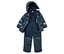 Combinaison de ski bleu marine à motif de dinosaures, veste ouverte à capuche et pantalon à bretelles posés au sol.