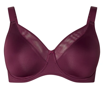 Un soutien-gorge à bonnets couvrants violet foncé avec des détails en maille sur le haut des bonnets et un petit nœud au centre.