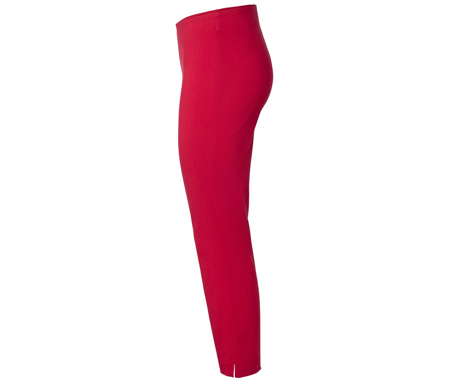 Pantalon rouge en tissu avec jambe étroite et petite fente à la cheville.
