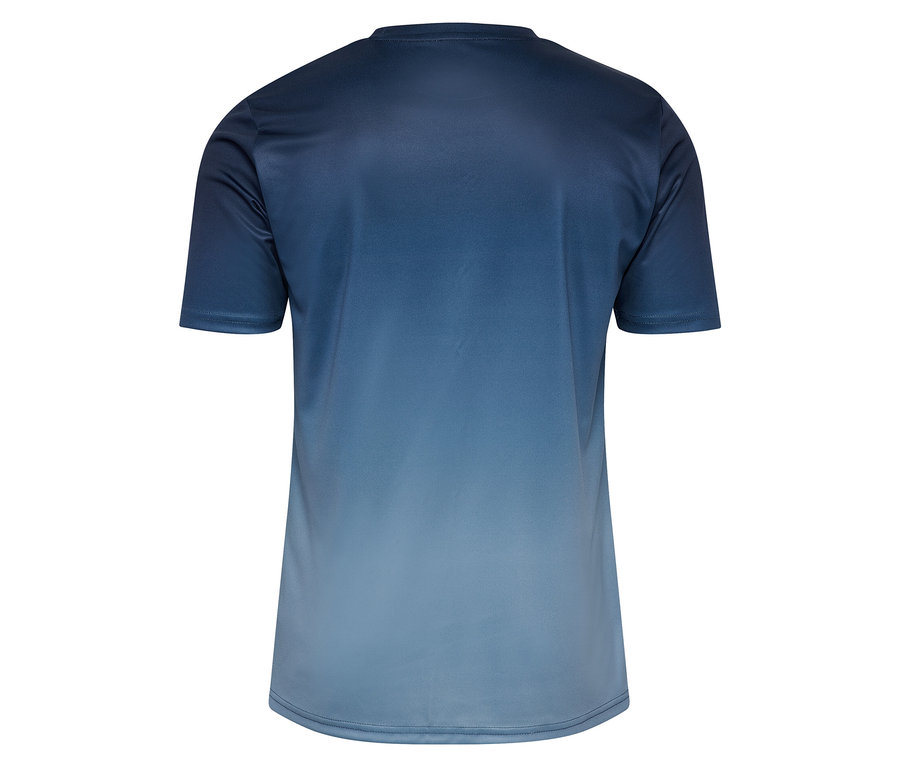 Vue arrière du t-shirt fonctionnel HUMMEL bleu-gris pour homme avec un dégradé de couleurs.