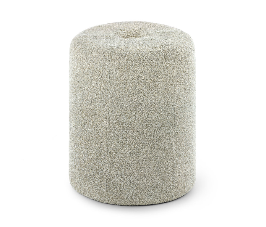 Pouf cylindrique tapissé d'un tissu bouclé texturé beige clair, avec une légère indentation sur sa surface supérieure.