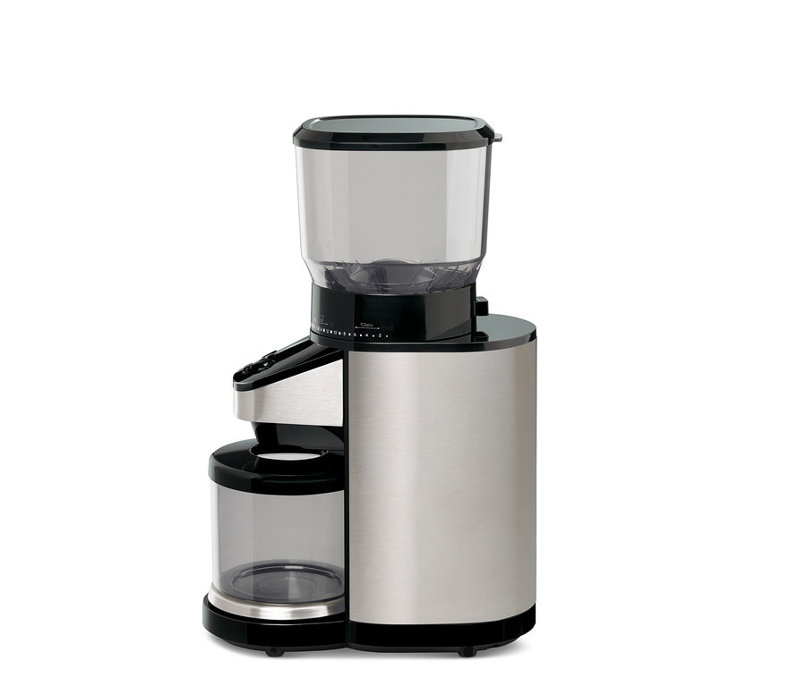 Moulin à café électrique avec balance en acier inoxydable.