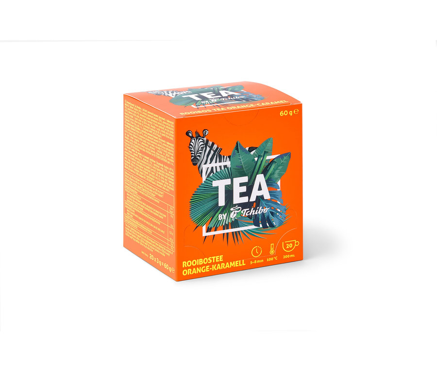 Une boîte orange de TEA by Tchibo Rooibos orange-caramel – 8x 20 sachets.