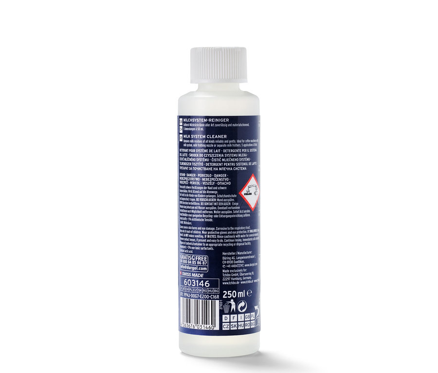 Bouteille blanche de nettoyant pour système à lait durgol® de 250 ml.