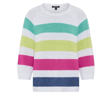 Pull Olsen à rayures horizontales blanches, vert menthe, vert citron, fuchsia et bleu foncé.