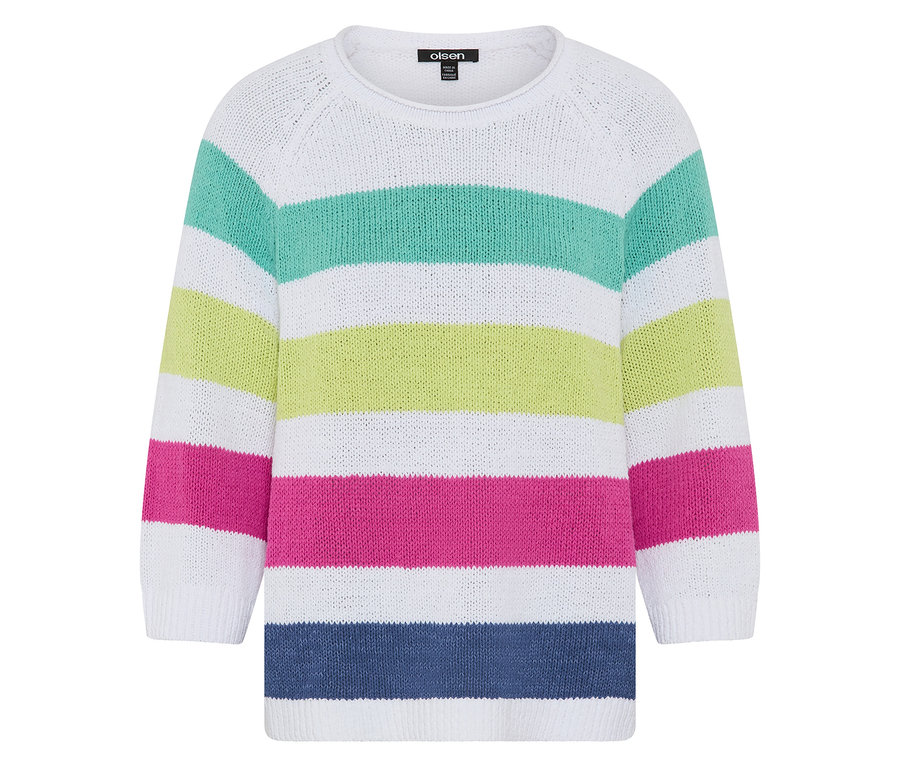 Pull Olsen à rayures horizontales blanches, vert menthe, vert citron, fuchsia et bleu foncé.