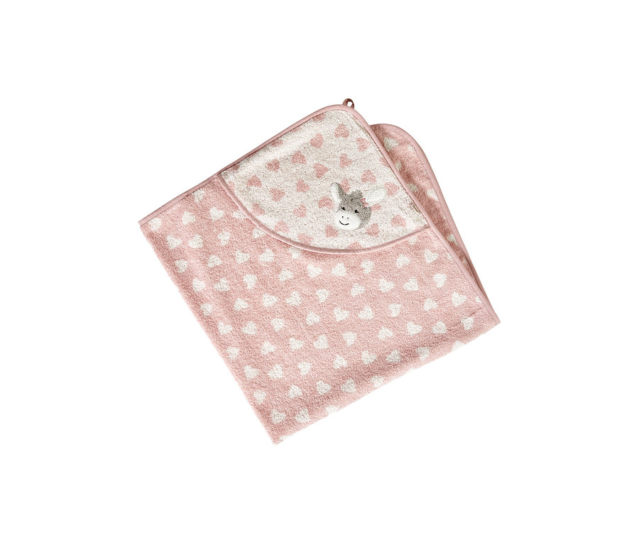 Serviette de bain rose pour bébé avec capuche, motifs cœurs blancs et application d'âne gris sur la capuche, pliée.