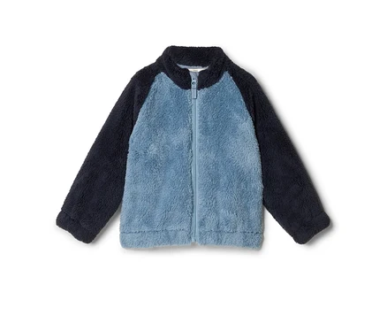 Veste polaire bicolore avec un corps bleu clair et des manches et un col bleu foncé, dotée d'une fermeture éclair intégrale.