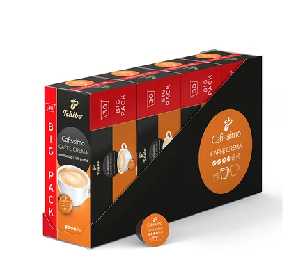 Une boîte de Cafissimo Caffè Crema vollmundig (intense) – 120 capsules est visible. L'emballage est noir avec des détails orange.