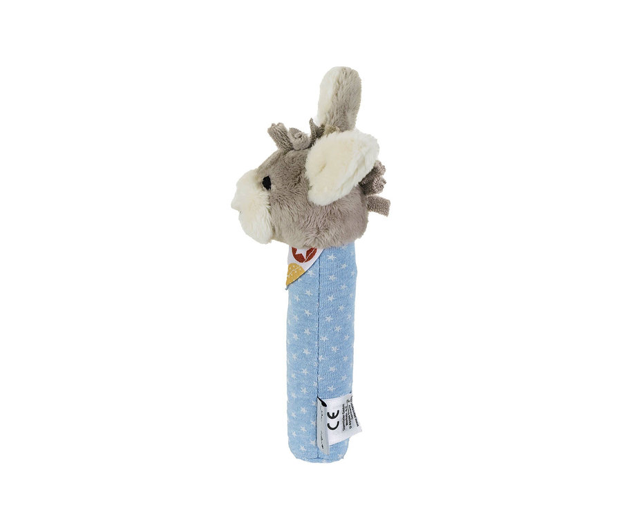 Hochet en peluche pour bébé avec une tête d'âne grise et une poignée bleue à motifs d'étoiles blanches.