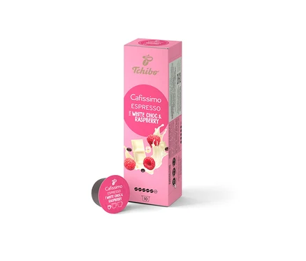 Un paquet de 10 capsules Cafissimo Flavoured Espresso – White Choc & Raspberry. Une capsule individuelle est posée à côté du paquet.