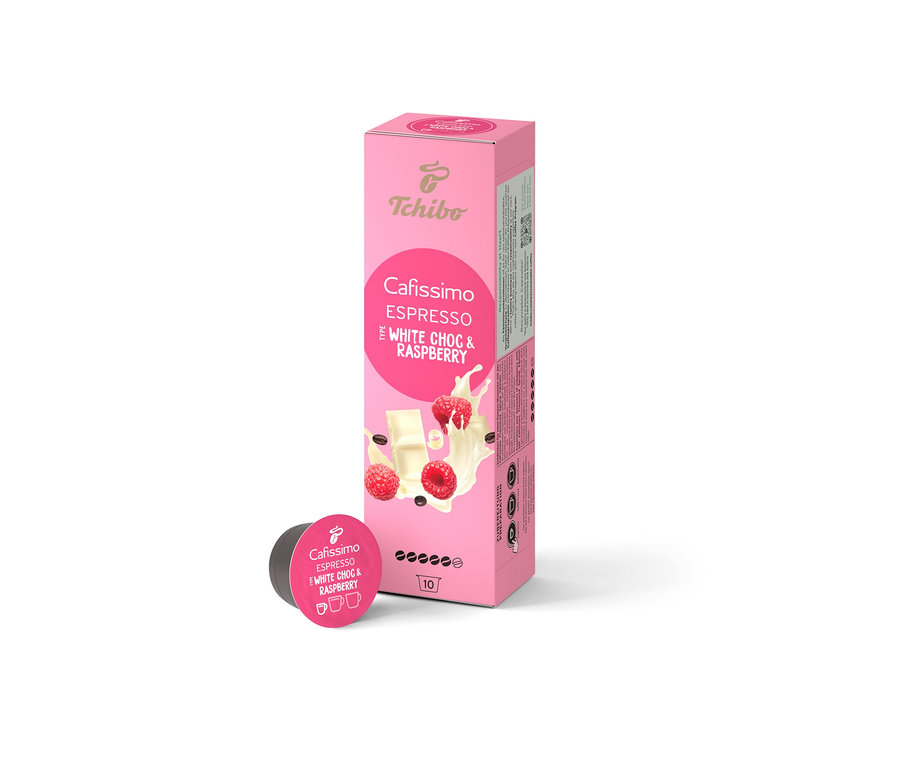 Un paquet de 10 capsules Cafissimo Flavoured Espresso – White Choc & Raspberry. Une capsule individuelle est posée à côté du paquet.