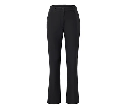 Pantalon noir avec fermeture boutonnée, poches avant et jambes droites.