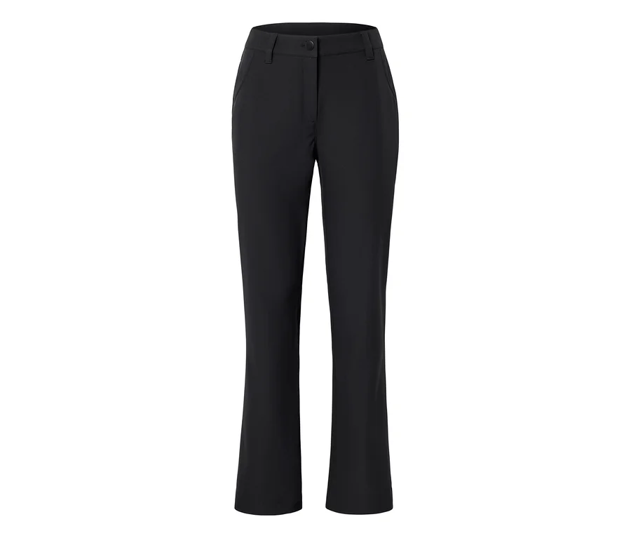 Pantalon noir avec fermeture boutonnée, poches avant et jambes droites.