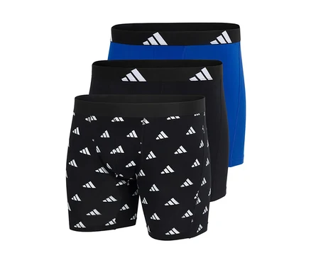 Trois boxers adidas Active Flex en coton : un noir avec motif logo blanc, un noir uni et un bleu uni. Tous ont des ceintures noires avec des logos adidas blancs.