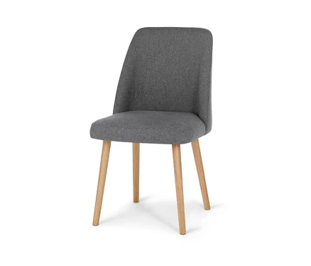 Chaise en tissu rembourrée grise avec pieds en bois.