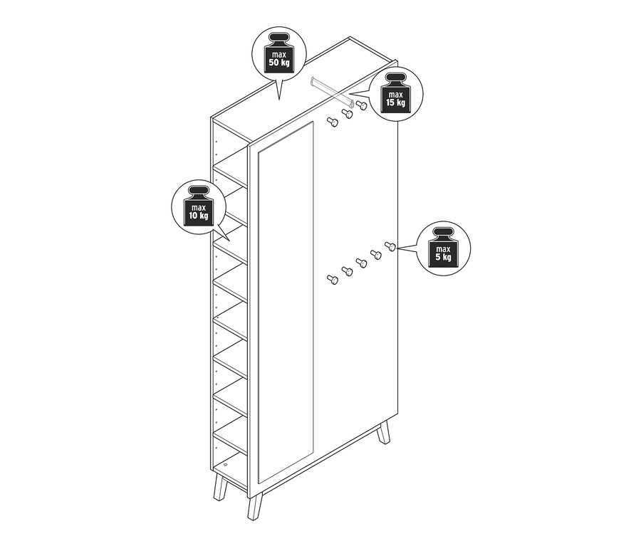 Schéma d'une armoire d'entrée multifonctionnelle avec une étagère ouverte sur le côté gauche et un miroir sur la porte.