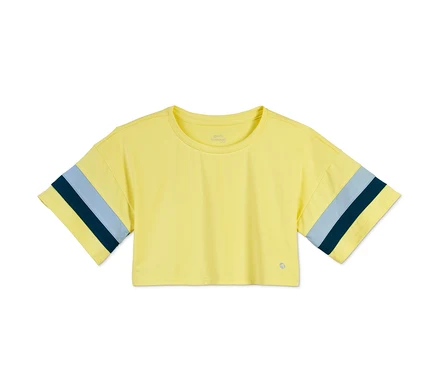 T-shirt fonctionnel Cropped jaune pour enfants, avec des matériaux recyclés, à manches courtes avec des rayures bleues et bleu foncé.