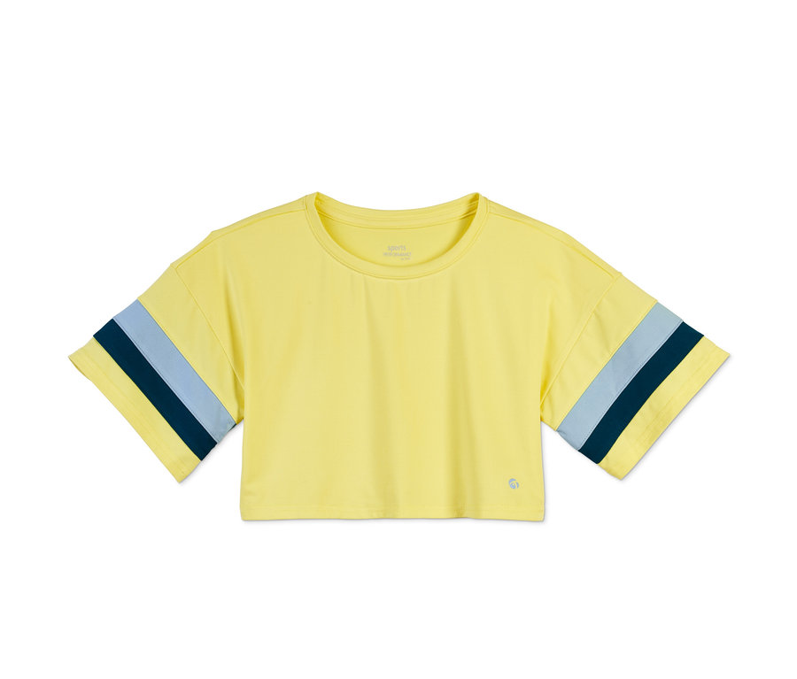 T-shirt fonctionnel Cropped jaune pour enfants, avec des matériaux recyclés, à manches courtes avec des rayures bleues et bleu foncé.