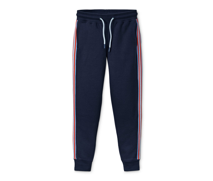 Pantalon de jogging bleu marine avec cordon de serrage à la taille et détail rayé sur les côtés.