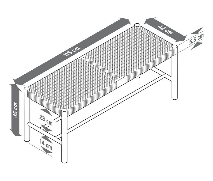 Illustration d'un banc avec matière tressée avec dimensions.