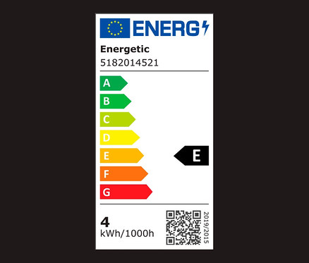 Étiquette énergétique avec des classes d'efficacité énergétique allant de A à G, la consommation d'énergie actuelle étant de classe E.