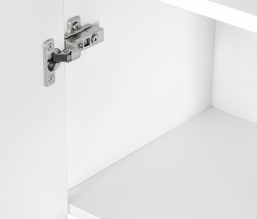 Vue détaillée de l'intérieur d'une armoire haute de salle de bain « Eklund » blanche avec charnières.