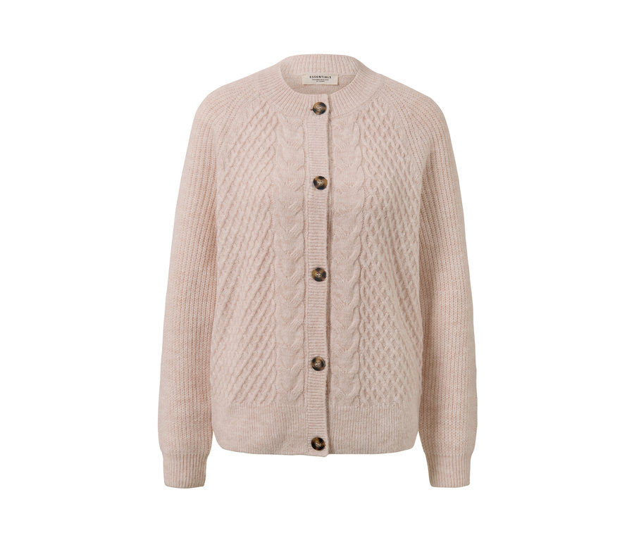 Cardigan en maille beige à motif torsadé avec des boutons marron.