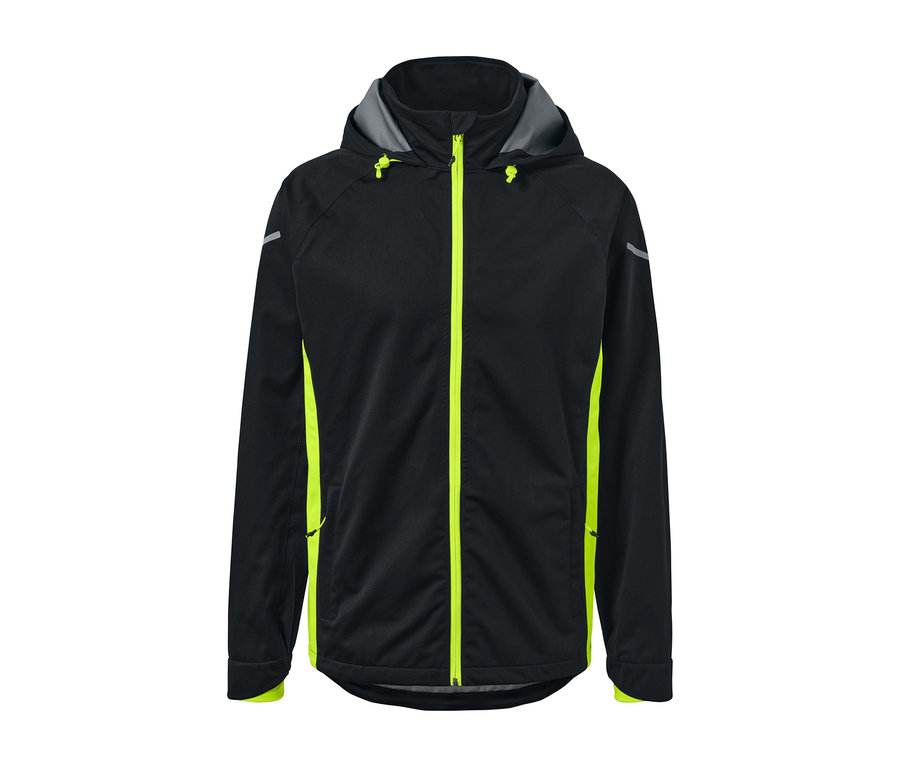 Veste imperméable cycliste noire avec fermeture éclair jaune néon.