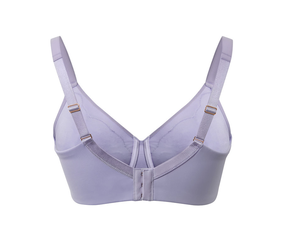 Soutien-gorge minimiseur violet avec fermeture au dos.