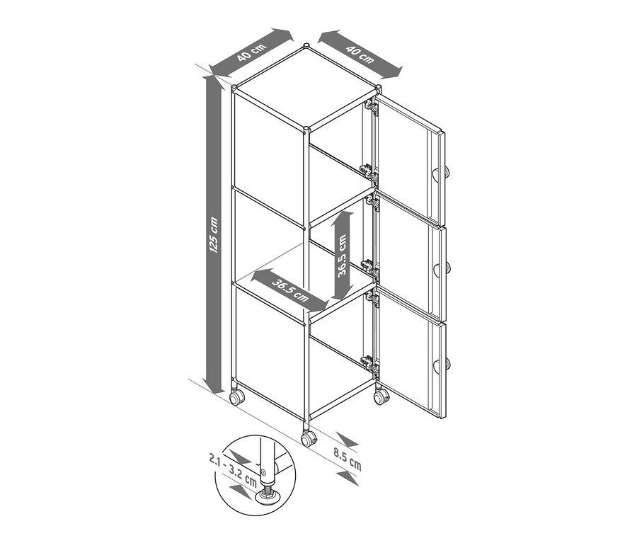 Schéma d'un caisson en métal à roulettes « CN3 » avec 3 portes dont une est ouverte.