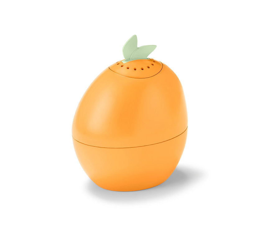 Nettoyeur à micro-ondes orange en forme d'œuf avec des feuilles sur le dessus.