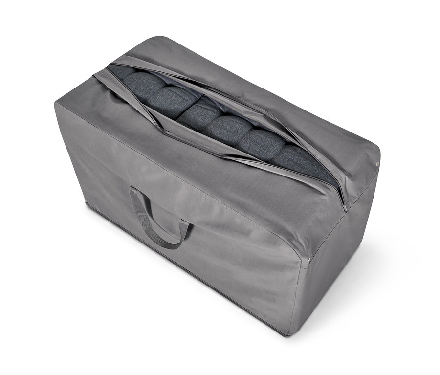 Sac de rangement premium XXL gris pour coussins d’extérieur avec fermeture éclair et coussins gris à l’intérieur.