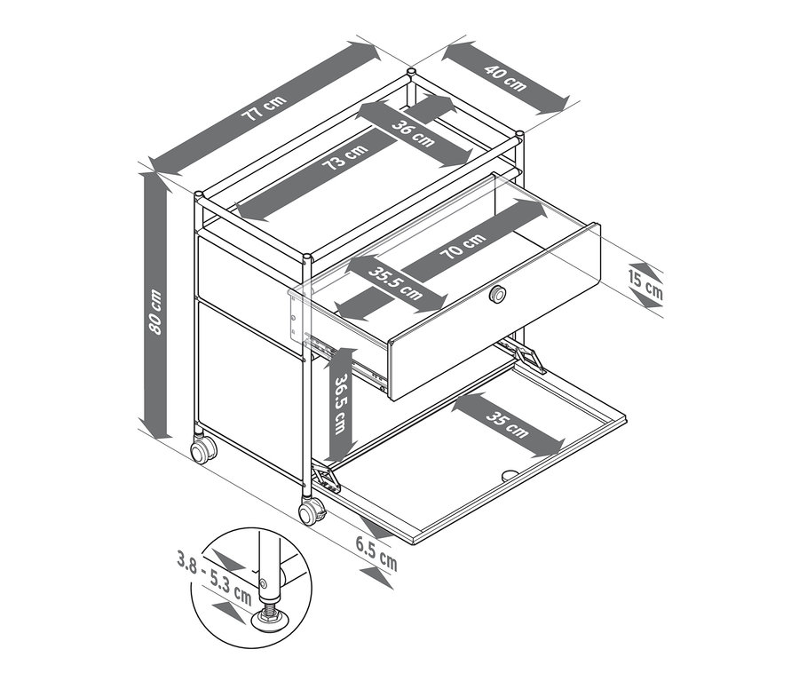 Dessin de la commode métallique « CN3 » avec 1 tiroir, 1 compartiment à abattant et contour, avec des mesures.