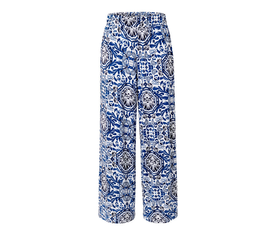 Pantalon palazzo imprimé avec un motif bleu et blanc.