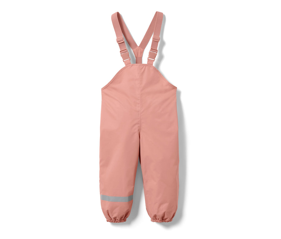 Pantalon de pluie thermique rose pour enfant avec bretelles et bande réfléchissante sur la jambe.
