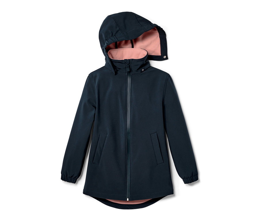 Manteau softshell bleu marine pour enfants avec capuche et doublure rose.