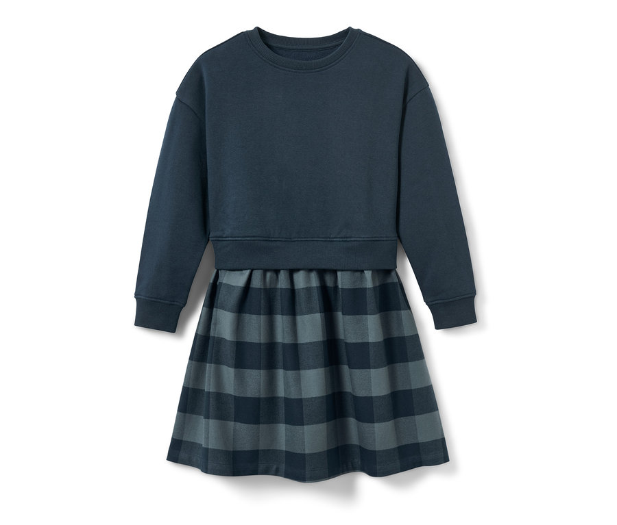 Robe sweat enfant avec un haut bleu marine et une jupe à carreaux.