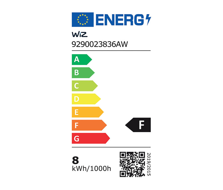 Étiquette énergétique avec les classes A à G, produit WiZ 9290023836AW, consommation 8 kWh/1000h.