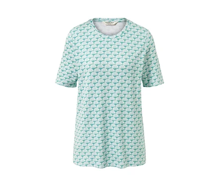 T-shirt en interlock vert et blanc à manches courtes avec un imprimé de coquillages.