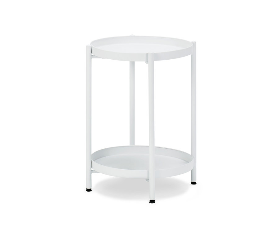 Table d'appoint en métal blanc avec dessus et dessous ronds.