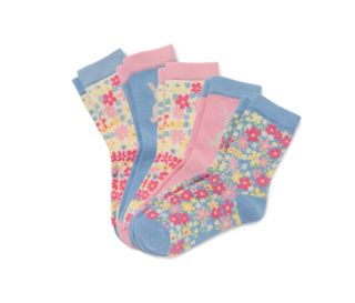 1x bleu clair avec empiècement tricoté de petit lapin, 1x rose avec empiècement tricoté de petit lapin, 3x avec empiècement tricoté de petites fleurs multicolores