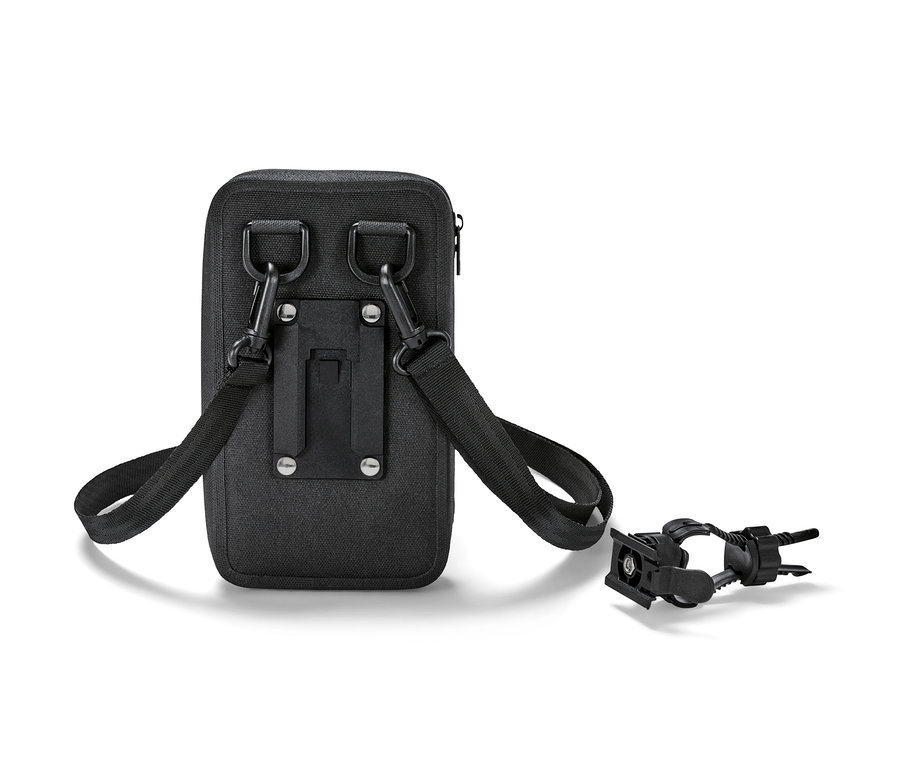 Poche pour smartphone 2 en 1 noire avec sangle et support.