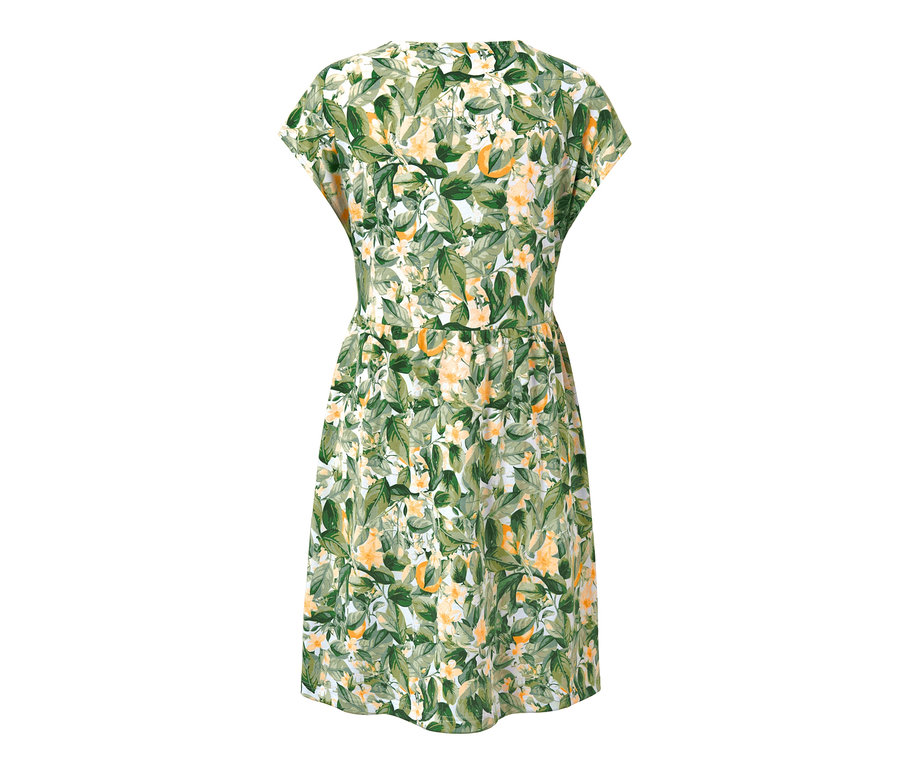 Robe en jersey imprimée avec un motif de feuilles et de fleurs.