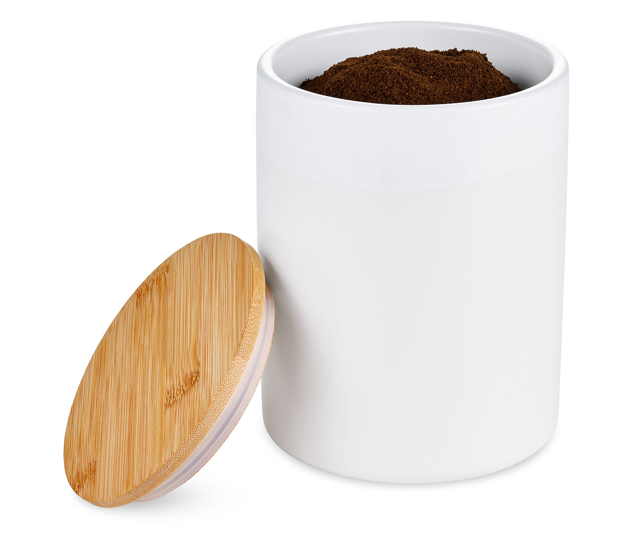 Boîte à café blanche en céramique de 500 g avec couvercle en bois et café à l'intérieur.