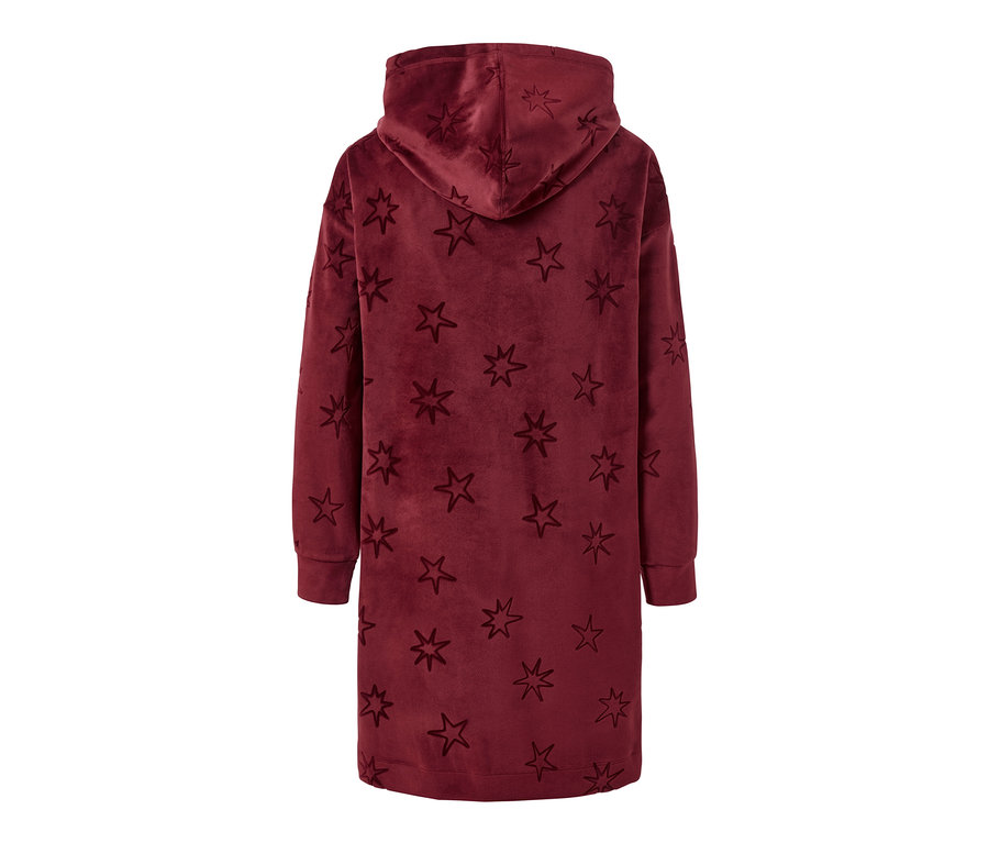 Robe d’intérieur en velours ras bordeaux, étoiles, avec capuche et manches longues, vue de dos.