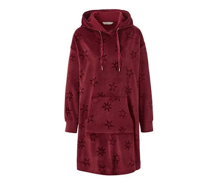Robe d’intérieur en velours ras bordeaux, étoiles, avec capuche et poche.