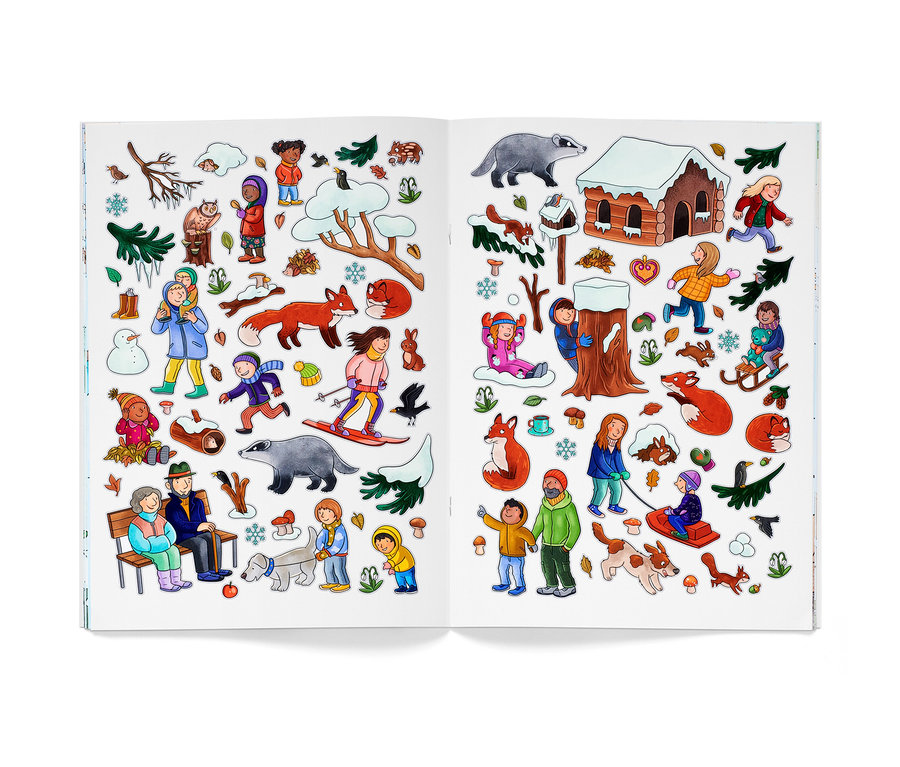 Livre ouvert avec des illustrations de scènes et de personnages hivernaux, dont « Mein Stickerbuch « Winter » (Livre d’autocollants « Hiver », en allemand) ».
