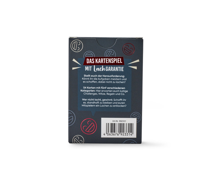 Vue détaillée du jeu de cartes « Achtung, Lachverbot ! » (Attention, interdit de rire ! en allemand)