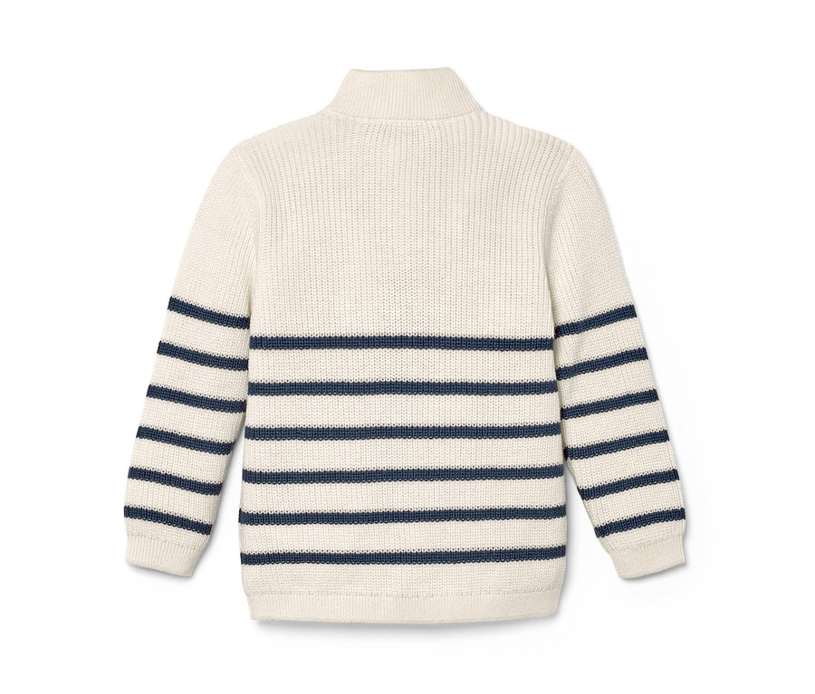 Vue détaillée de l'arrière d'un pull camionneur pour enfant avec des rayures bleues.